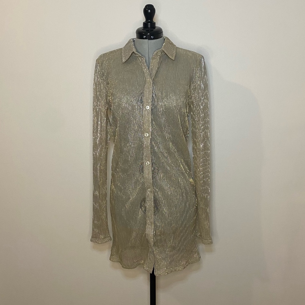 Good American Metallic Button Up